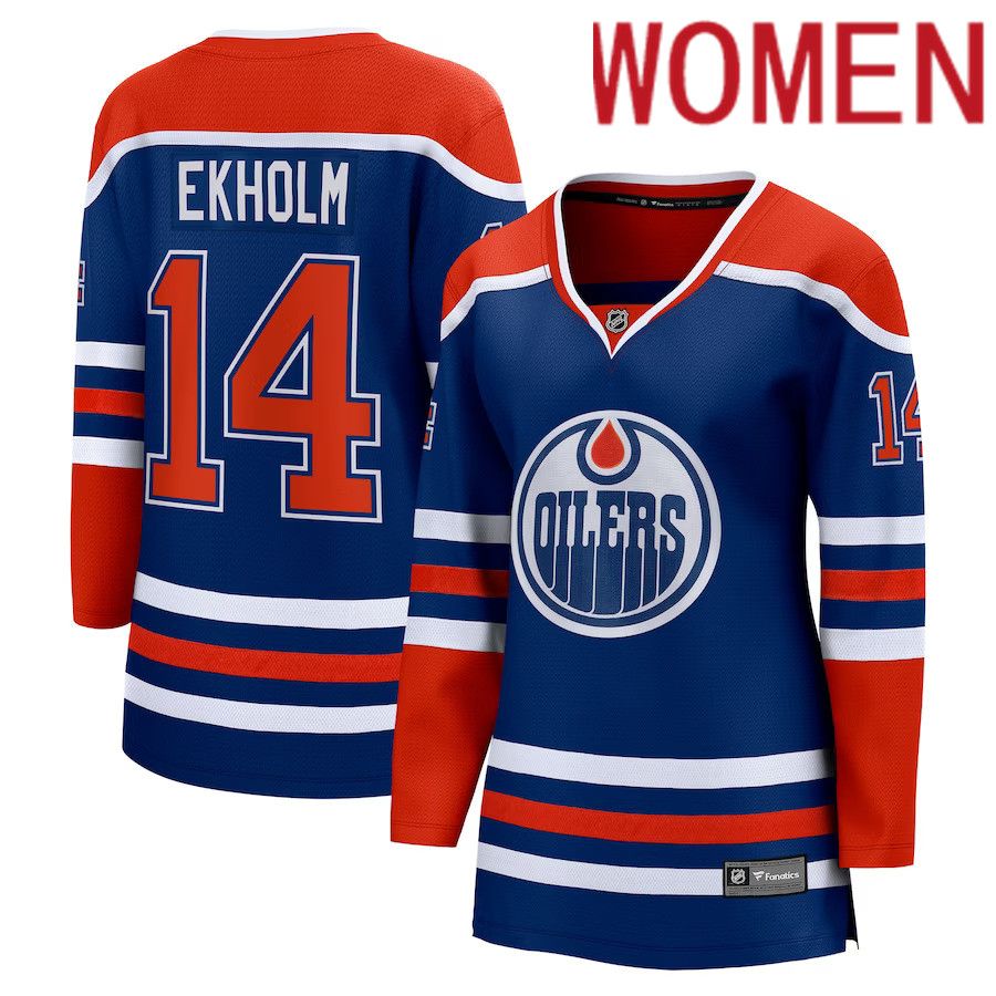 Women Edmonton Oilers #14 Mattias Ekholm Fanatics Branded Royal Home Breakaway NHL Jersey
